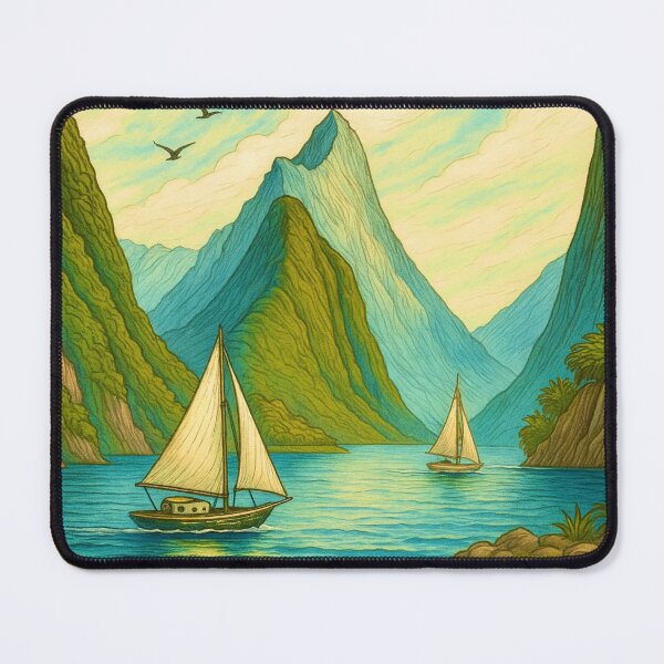 Item preview, New Zealand — Milford Sound Cliffs, Fjords & Sailboats designed and sold by Myra365Art.