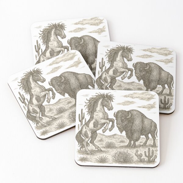 Item preview, Wild Horse & Buffalo Western Art Rustic Desert Wildlife Scene Vintage Nature Lover Print designed and sold by LOWKEY LEGENDARY APPAREL™.