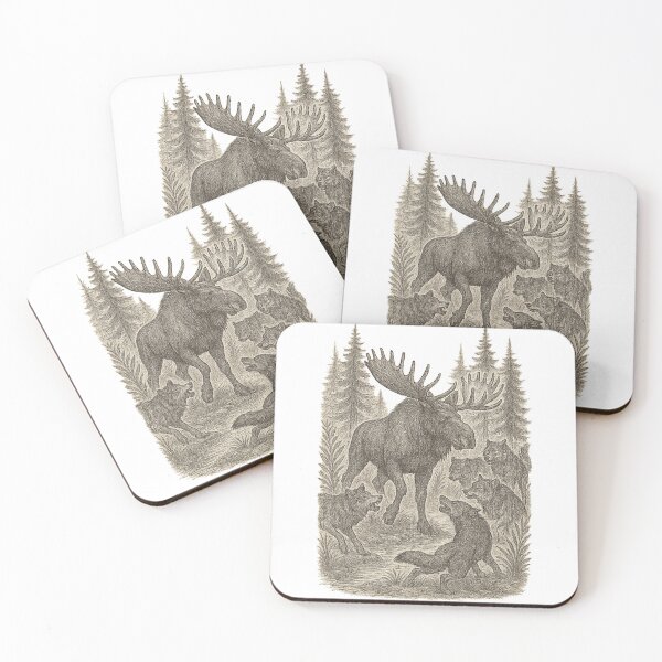 Item preview, Moose vs Wolves Woodland Wildlife Scene Vintage Nature Art Print Rustic Forest Design designed and sold by LOWKEY LEGENDARY APPAREL™.