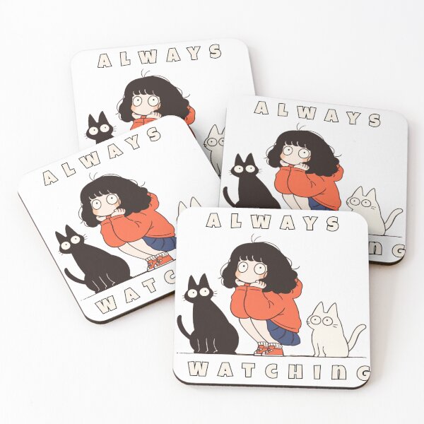 Item preview, Always Watching – Funny Girl with Two Cats Cartoon Illustration designed and sold by LittleSmileLab.