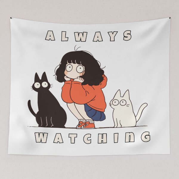 Item preview, Always Watching – Funny Girl with Two Cats Cartoon Illustration designed and sold by LittleSmileLab.