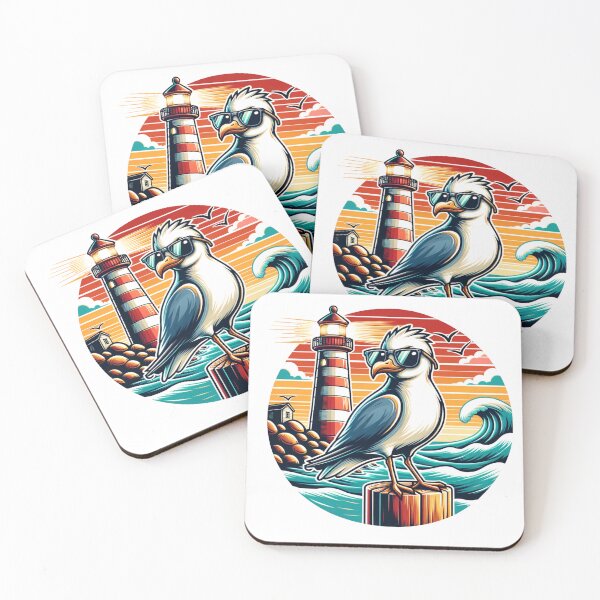 Item preview, Stylized Seagull Illustration Featuring a Lighthouse and Coastal Waves at Sunset designed and sold by KanDa-Shop.