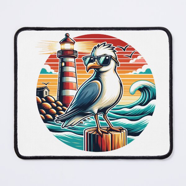 Item preview, Stylized Seagull Illustration Featuring a Lighthouse and Coastal Waves at Sunset designed and sold by KanDa-Shop.
