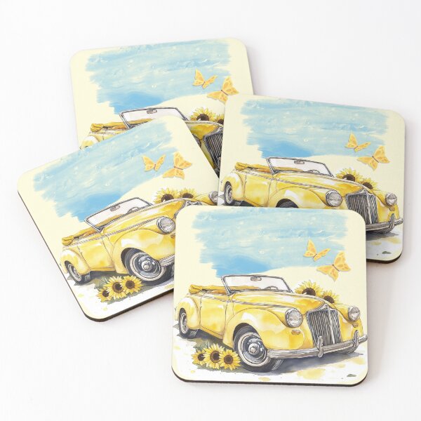 Item preview, Vintage Yellow Car with Sunflowers | Botanical Summer Art | Retro Convertible Illustration designed and sold by Plantinum.
