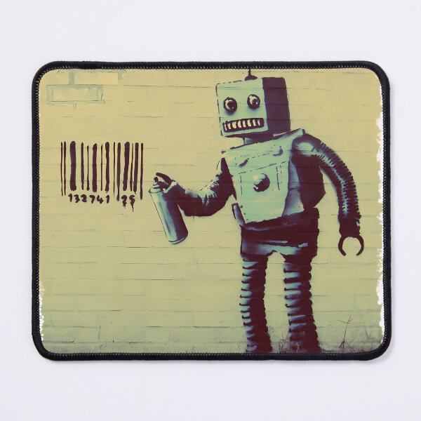 Item preview, Banksy-Graffiti-Smiling-Robot-And-Barcodes-Better-Out-Than-In-New-York-City-Residency-On-Brick-Wall designed and sold by MarkBlankd.