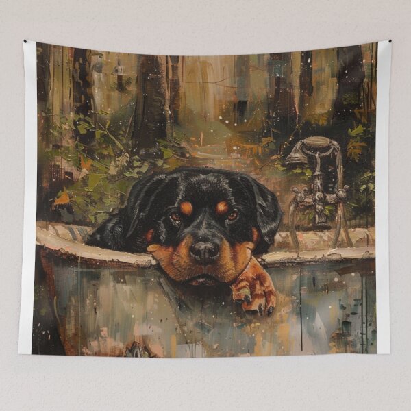Item preview, Rottweiler Dog Sitting in a Bathtub in the Forest – Whimsical Animal Art designed and sold by baggycatsworld.