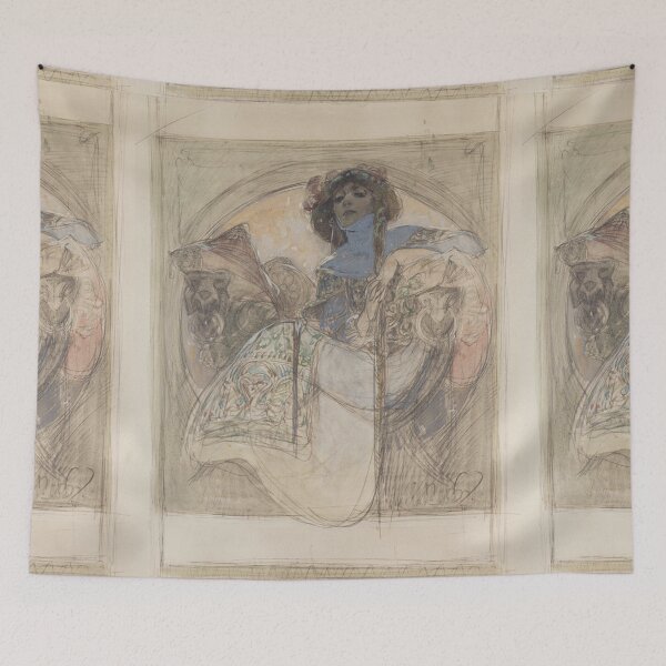 Item preview, Vinteage art Nouveau elegant Seated Woman – study for a poster Alfons Mucha designed and sold by Vintage Designs +.