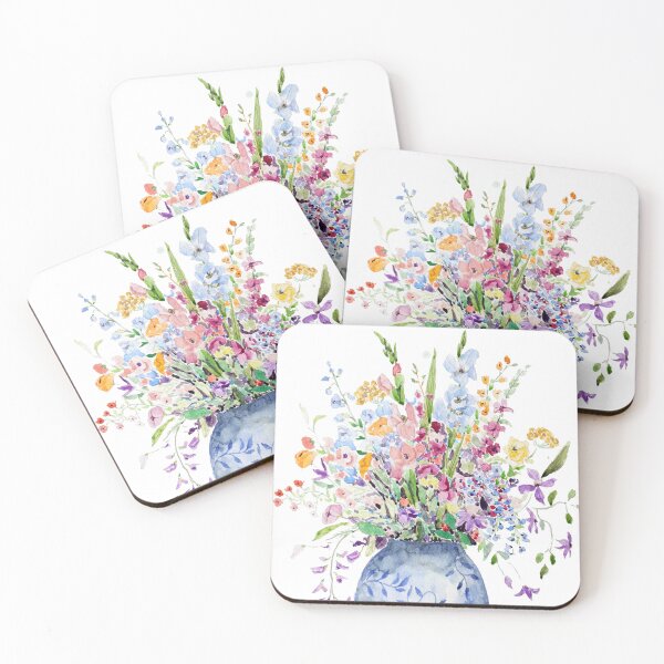 Aperçu de l'œuvre aquarelle représentant des bouquets colorés dans un vase bleu créée et vendue par SelenePaintings .