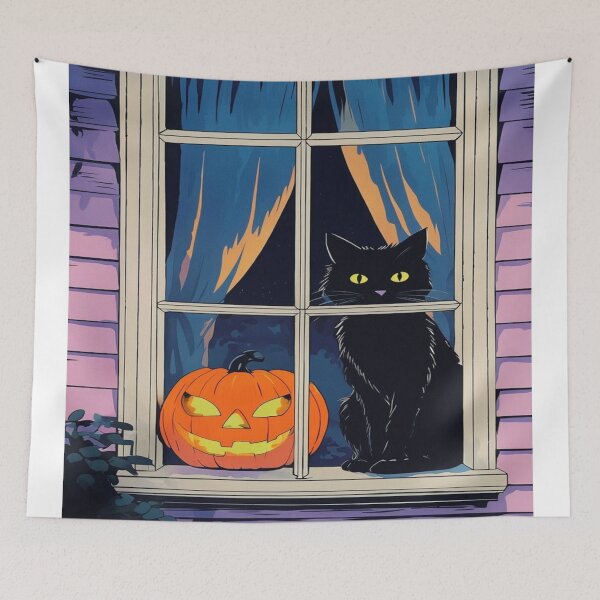 Item preview, Cat and pumpkin in a window on Halloween designed and sold by saly55887.