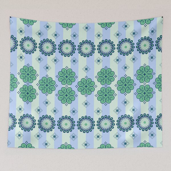 Item preview, Alternating light blue and green vertical stripes Contains rows of stylized floral sunbursts designed and sold by Crispifly.