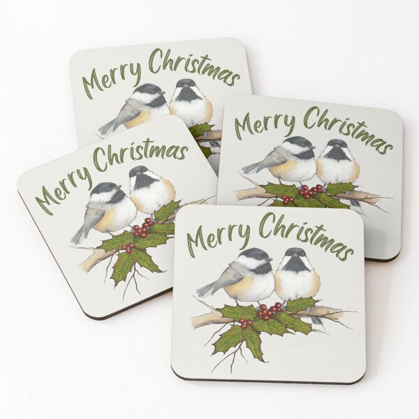 Item preview, Merry Christmas with CHICKADESS, Holly Leaves and Berries designed and sold by JoyfulWhimsy.