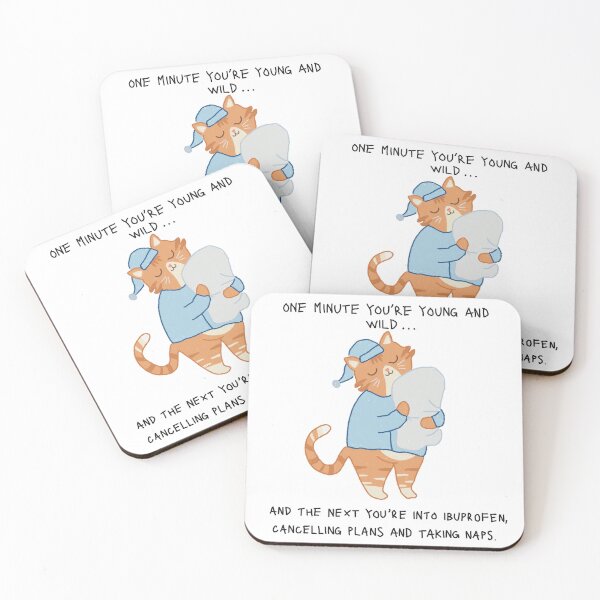 Item preview, Illustrated sleepy ginger cat with quote about aging  designed and sold by meemeepumpkin.