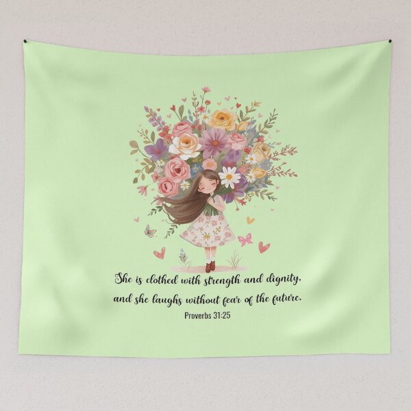 Item preview, Whimsical Christian Girl with Flowers – Proverbs 31 Strength & Dignity Encouragement Art designed and sold by AmenAlways.