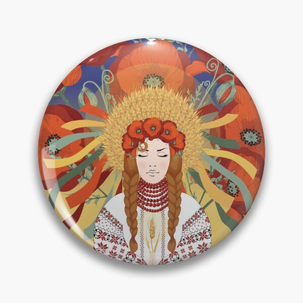 Item preview, I love Ukraine, Ukrainian woman prays, wearing an embroidered dress and a wreath of poppies and wheat ears	 designed and sold by KosaUA.