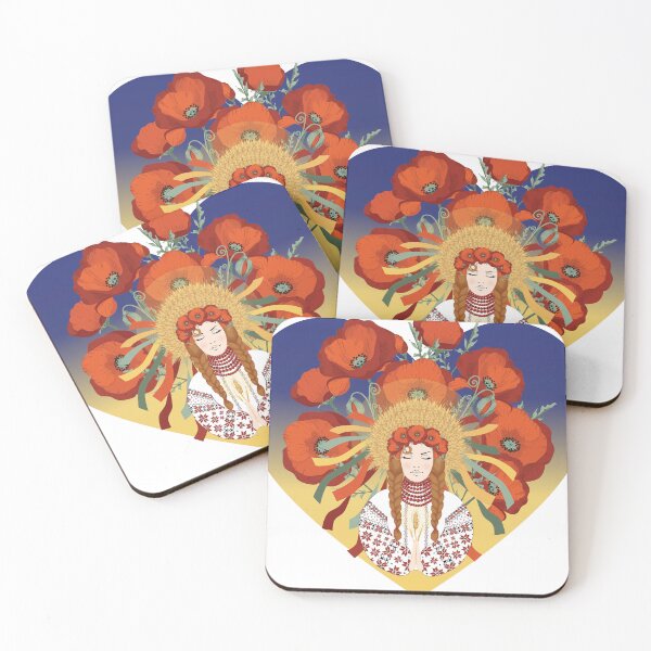 Item preview, I love Ukraine, Ukrainian woman prays, wearing an embroidered dress and a wreath of poppies and wheat ears	 designed and sold by KosaUA.