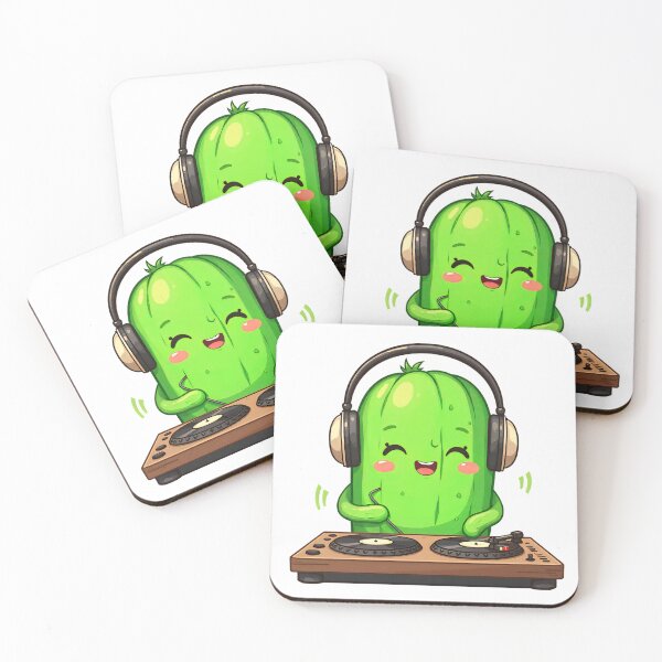 Item preview, Happy cucumber DJ plays music with turntables and headphones in a playful cartoon style designed and sold by SpaceartLilu.