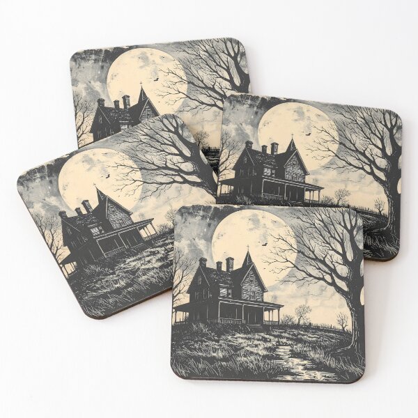 Item preview, Haunted House under Full Moon – Vintage Linocut Gothic Artwork designed and sold by Shafiq Khan.