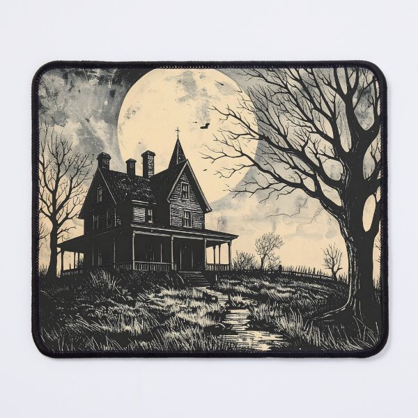 Item preview, Haunted House under Full Moon – Vintage Linocut Gothic Artwork designed and sold by Shafiq Khan.