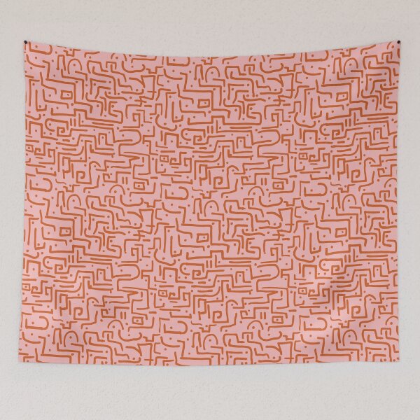 Item preview, african inspired sketched tribal allover fabric wallpaper coral and orange designed and sold by InkAmsterdam.