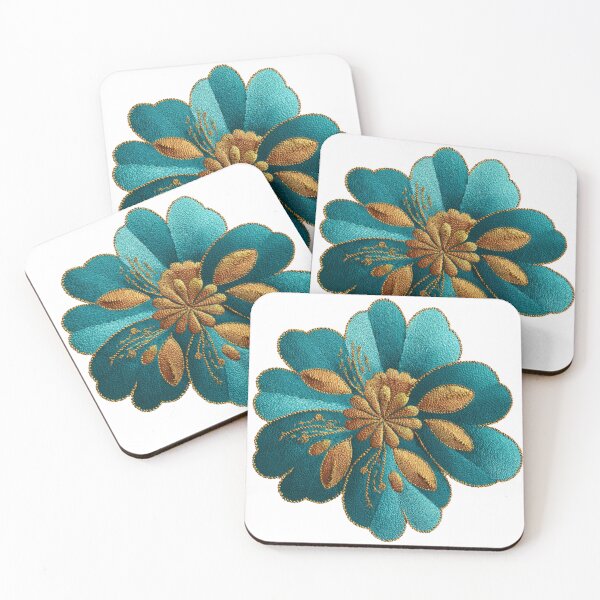 Item preview, Folk Art Flower Embroidery – Teal and Gold Stitch Botanical Boho Floral Art designed and sold by StickerHavenn.