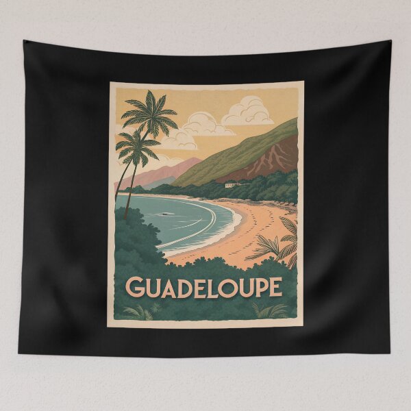 Item preview, Guadeloupe Vintage Travel Poster – Tropical Beach Sunset with Palm Trees and Ocean designed and sold by VividOrganica.