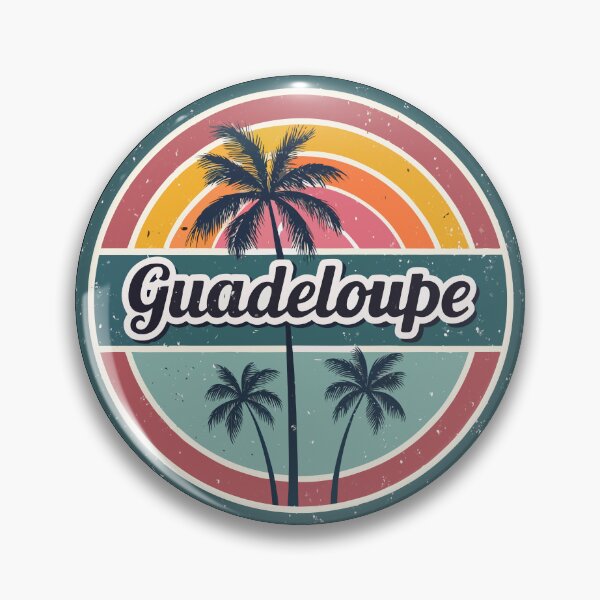 Item preview, Guadeloupe Vintage Sticker – Retro Palm Trees & Rainbow Pastel Script Design designed and sold by VividOrganica.