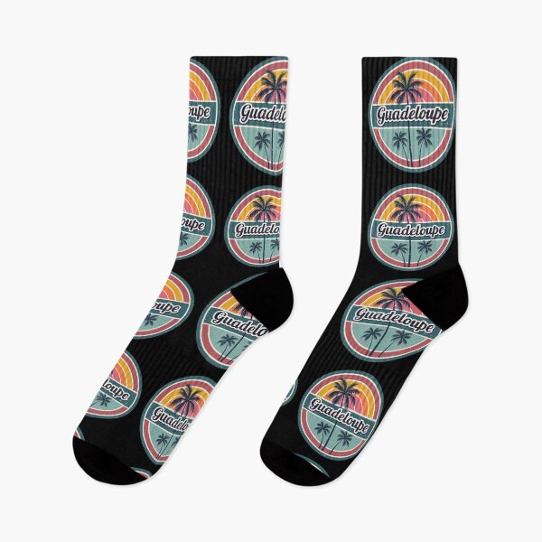 Item preview, Guadeloupe Vintage Sticker – Retro Palm Trees & Rainbow Pastel Script Design designed and sold by VividOrganica.