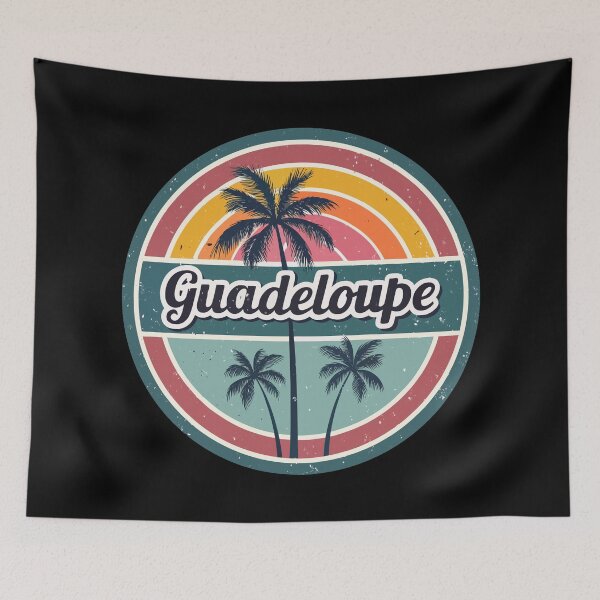 Item preview, Guadeloupe Vintage Sticker – Retro Palm Trees & Rainbow Pastel Script Design designed and sold by VividOrganica.