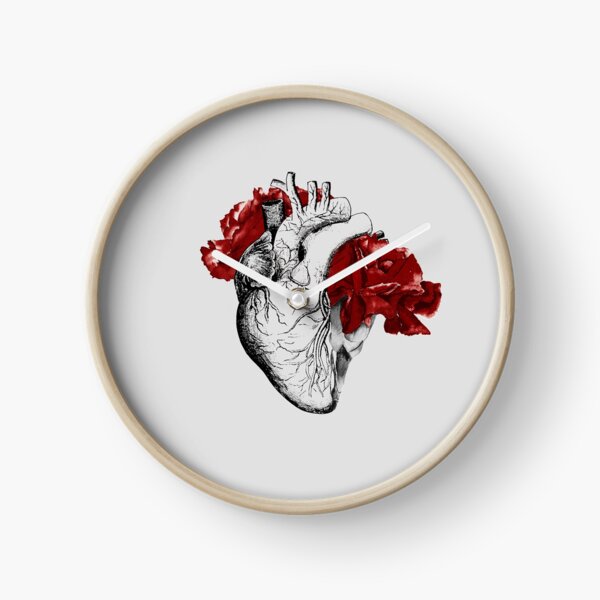 Anatomical Heart With Red Flowers Clock