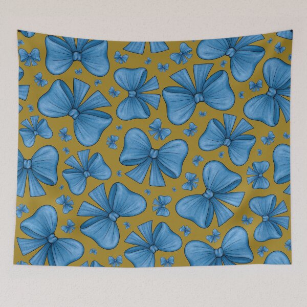 Item preview, Pattern of blue bows on a mustard background designed and sold by Cherevan.