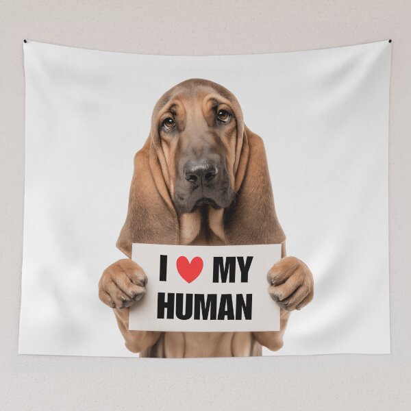 Aperçu de l'œuvre Chien mignon Bloodhound avec panneau « J'aime mon humain » créée et vendue par LazyOwlStore.