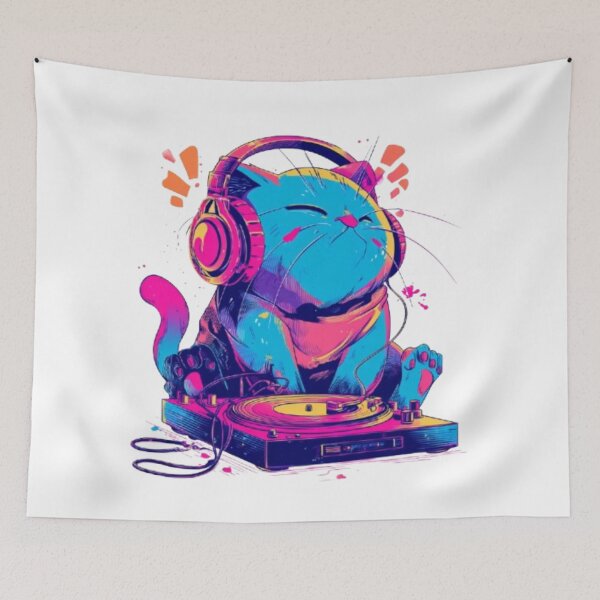 Item preview, Neon DJ Cat – Turntable Beats designed and sold by AlexLineArt.