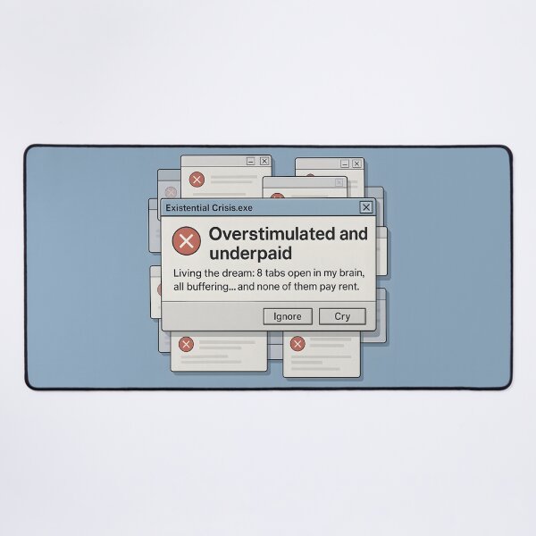 Item preview, Overstimulated and Underpaid Existential Crisis Error Pop-Up Meme designed and sold by VoidBloom Studio.