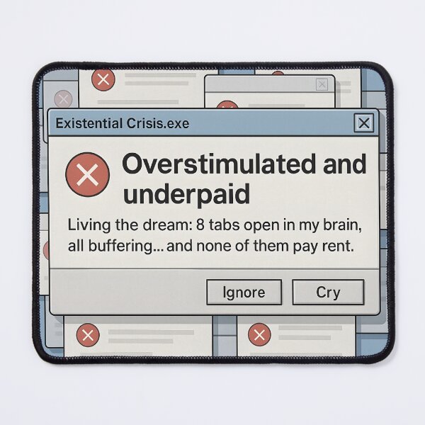 Item preview, Overstimulated and Underpaid Existential Crisis Error Pop-Up Meme designed and sold by VoidBloom Studio.