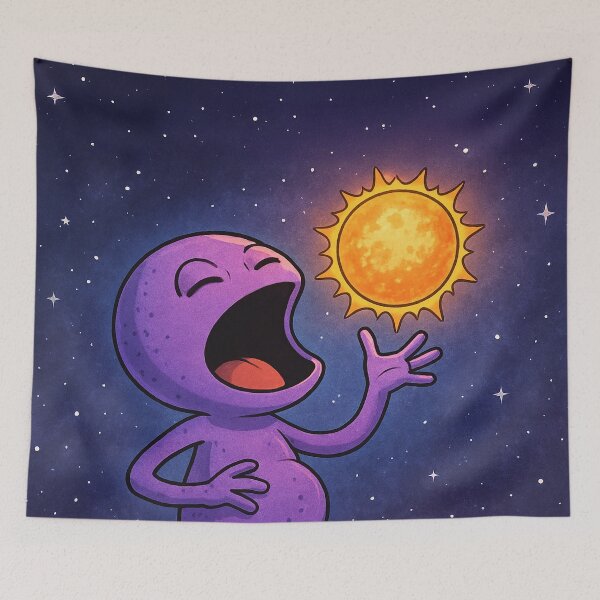 Item preview, Purple Alien Consuming a Gummy Sun in a Surreal Cosmic Scene designed and sold by TheDezignKitchen.