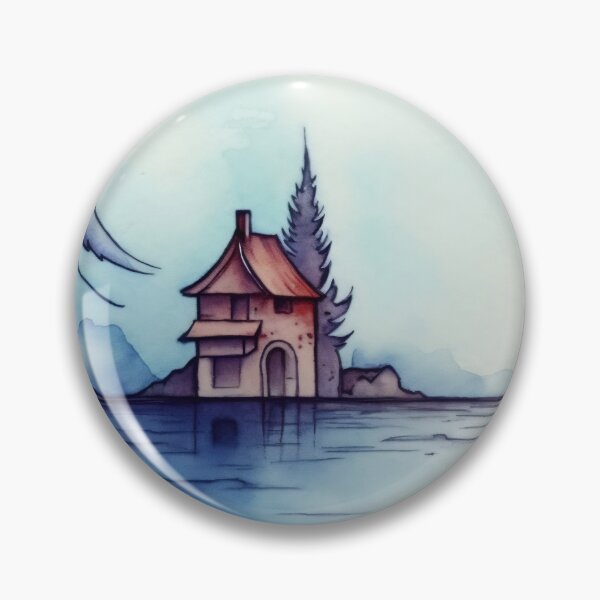 Item preview, A serene house on stilts surrounded by tranquil waters and a night sky with a crescent moon and distant trees designed and sold by anytka.