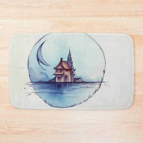 Item preview, A serene house on stilts surrounded by tranquil waters and a night sky with a crescent moon and distant trees designed and sold by anytka.