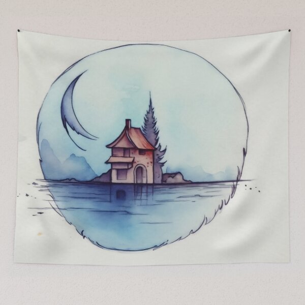 Item preview, A serene house on stilts surrounded by tranquil waters and a night sky with a crescent moon and distant trees designed and sold by anytka.