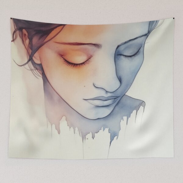 Item preview, Artistic watercolor portrait of a serene young woman with closed eyes reflecting calm emotions and soft color transitions designed and sold by anytka.