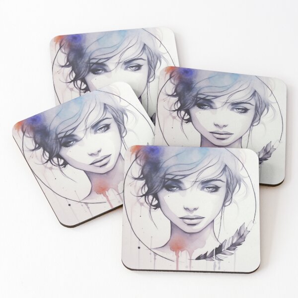 Item preview, Artistic watercolor portrait of a young woman with a feather and colorful splashes, showcasing modern creative techniques designed and sold by anytka.