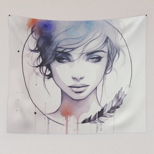 Item preview, Artistic watercolor portrait of a young woman with a feather and colorful splashes, showcasing modern creative techniques designed and sold by anytka.