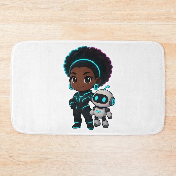 Item preview, Chibi Black Character with Neon Afro & Futuristic Robot Sidekick designed and sold by OsasChild.