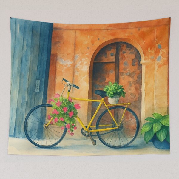 Item preview, Yellow Bicycle – Bitola Old Bazaar Wall Poster designed and sold by LalaMyArt.