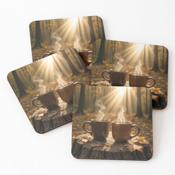 Item preview, Steaming Coffee Mugs On an Autumn Tree Stump designed and sold by Maria Dryfhout.