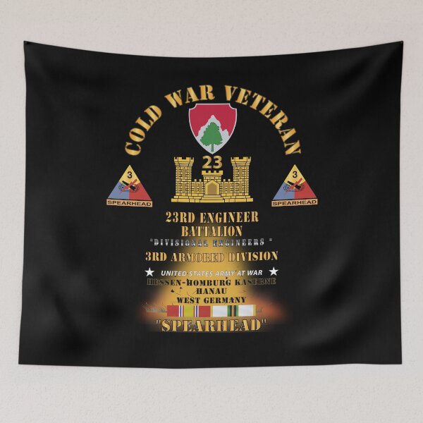 Item preview, Army - Cold War Vet - 23rd Engineer Bn, 3rd Armor Div  - Hessen-Homburg Kaserne Hanau, Germany - Spearhead w Fire w DUI - COLD X 300 designed and sold by Military Insignia Products.