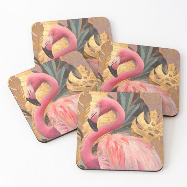 Item preview, Elegant Pink Flamingo – Tropical Bird with Golden Leaves Art designed and sold by Studioderi.