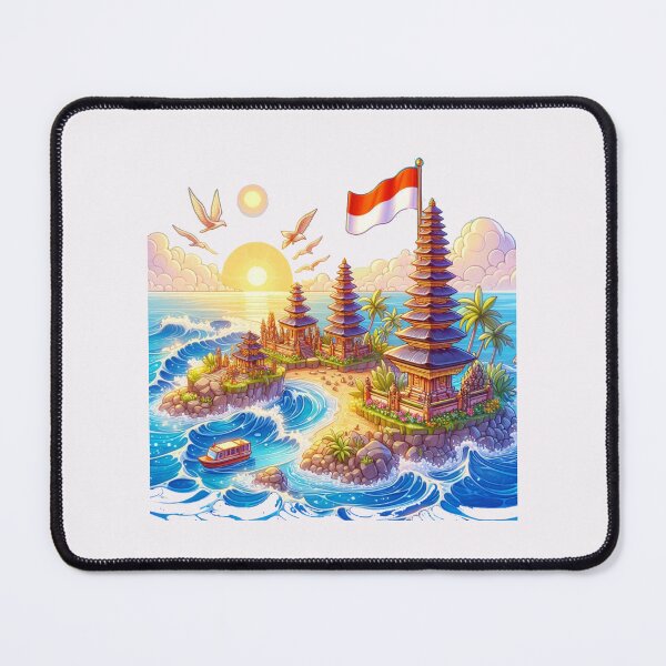 Item preview, Bali Beaches & Temples in Indonesia 3D Cute Sketch with Indonesian Flag, designed and sold by PaintMeWorld.
