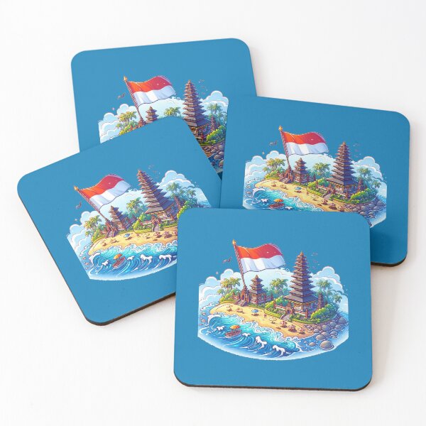 Item preview, Bali Beaches & Temples in Indonesia 3D Cute Sketch with Indonesian Flag,  designed and sold by PaintMeWorld.