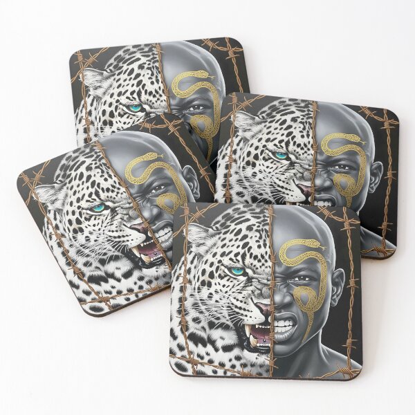 Item preview, Angry black and white leopard with an African man's face and a tattoo of a snake and crossed barbed wire on his face designed and sold by jotcar.
