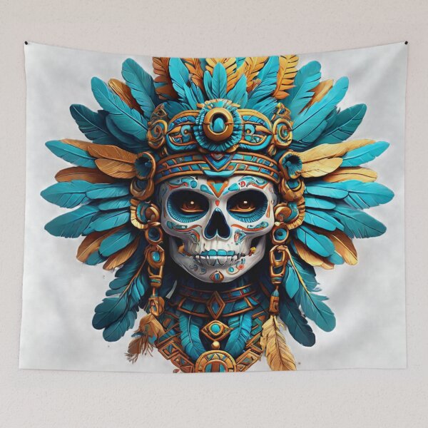 Item preview, Aztec Warrior Skull – Blue and Gold Feathers designed and sold by SpectrumEssence.